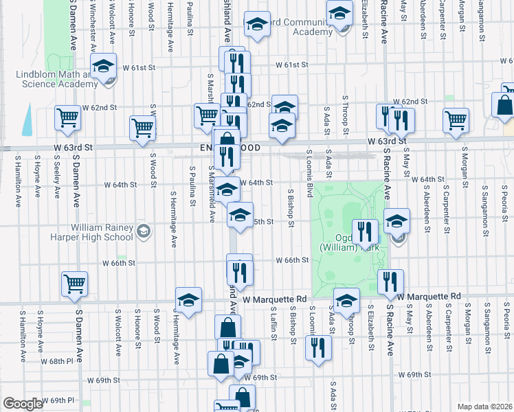 map of restaurants, bars, coffee shops, grocery stores, and more near 6438 South Justine Street in Chicago