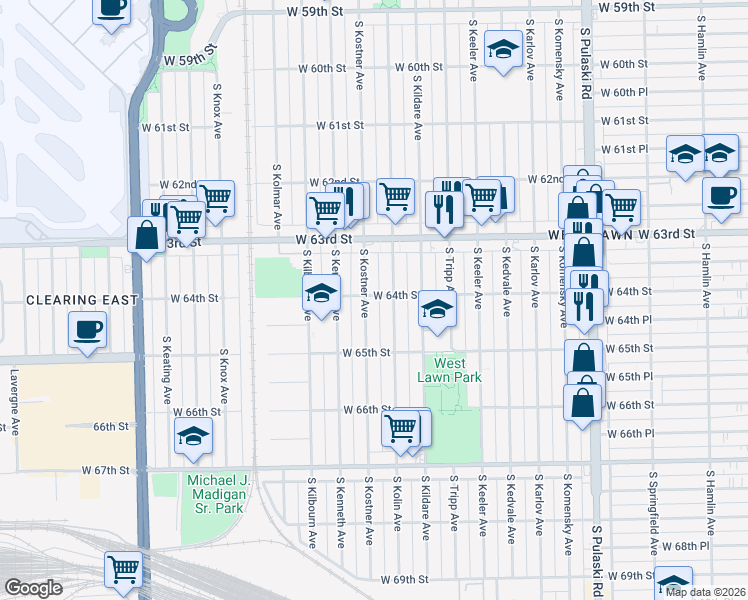 map of restaurants, bars, coffee shops, grocery stores, and more near 6405 South Kostner Avenue in Chicago