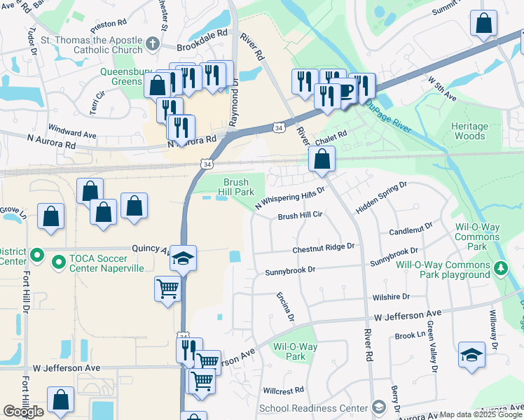 map of restaurants, bars, coffee shops, grocery stores, and more near 201 North Whispering Hills Drive in Naperville