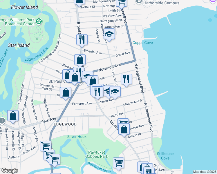 map of restaurants, bars, coffee shops, grocery stores, and more near 152 Albert Avenue in Cranston