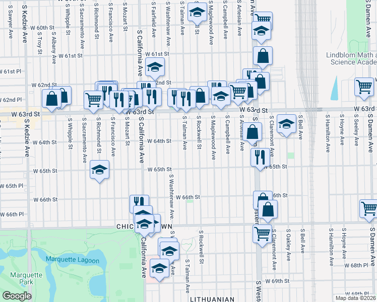 map of restaurants, bars, coffee shops, grocery stores, and more near 6421 South Talman Avenue in Chicago