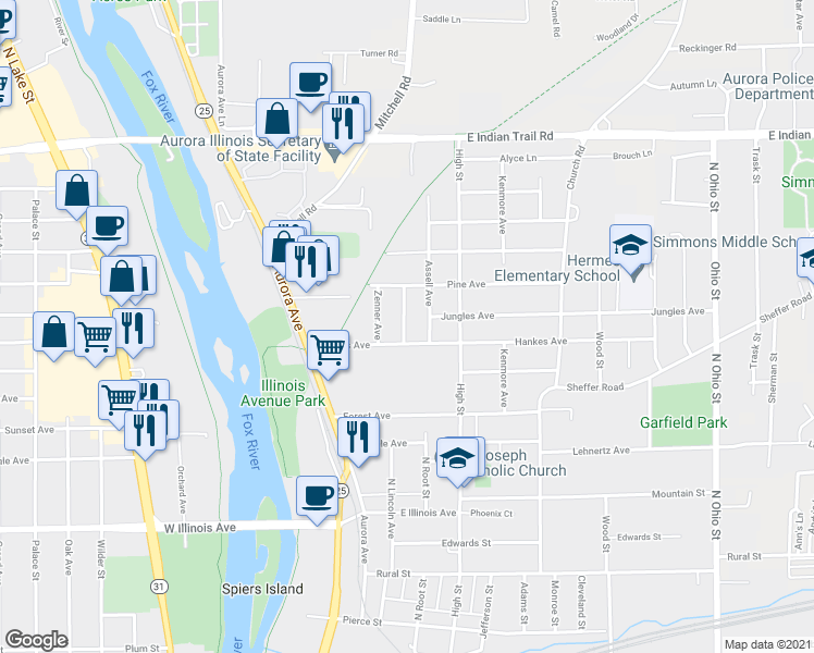 map of restaurants, bars, coffee shops, grocery stores, and more near 939 Wennamacher Avenue in Aurora
