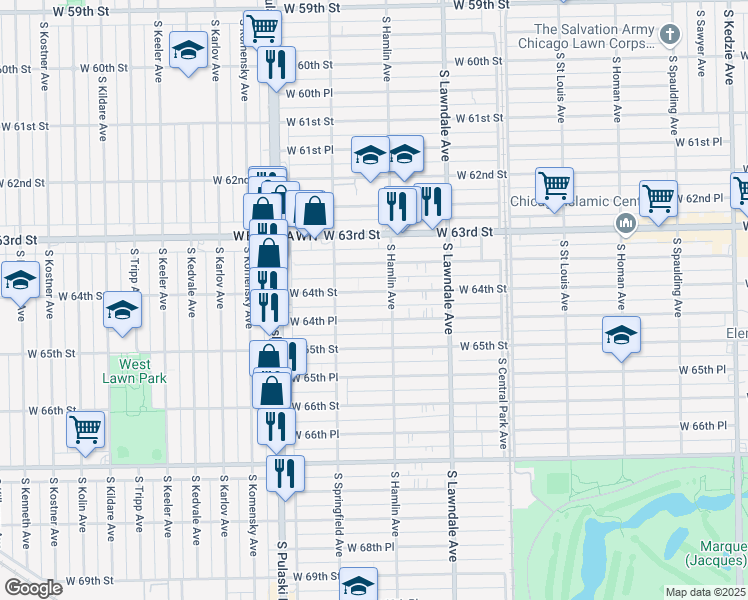 map of restaurants, bars, coffee shops, grocery stores, and more near 3819 West 64th Street in Chicago