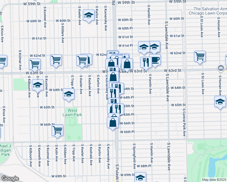map of restaurants, bars, coffee shops, grocery stores, and more near 6400 South Pulaski Road in Chicago