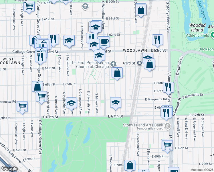 map of restaurants, bars, coffee shops, grocery stores, and more near 1213 East 65th Street in Chicago