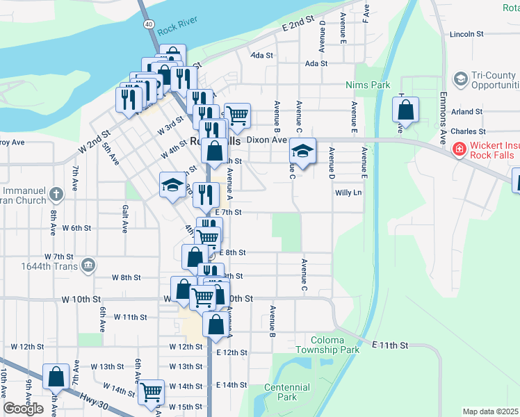 map of restaurants, bars, coffee shops, grocery stores, and more near 301 East 7th Street in Rock Falls