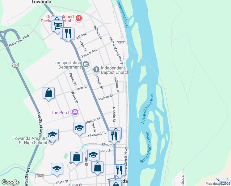 map of restaurants, bars, coffee shops, grocery stores, and more near 25 Walnut Street in Towanda