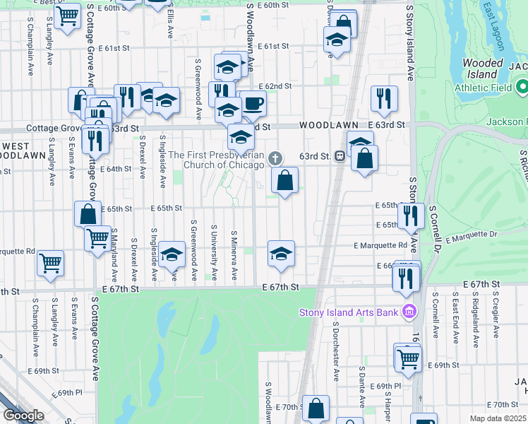 map of restaurants, bars, coffee shops, grocery stores, and more near 1213 East 65th Street in Chicago