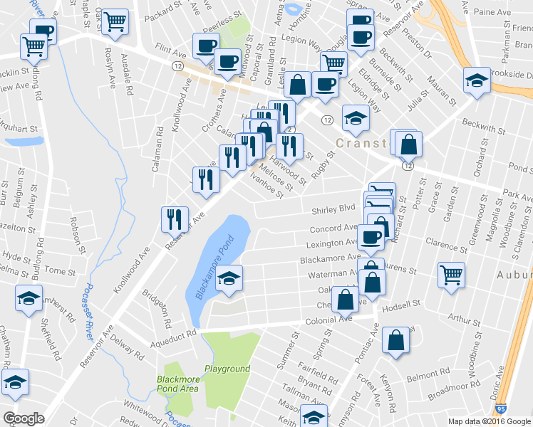 map of restaurants, bars, coffee shops, grocery stores, and more near 127 Shirley Boulevard in Cranston