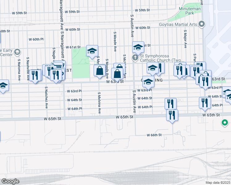 map of restaurants, bars, coffee shops, grocery stores, and more near 6101 West 63rd Place in Chicago
