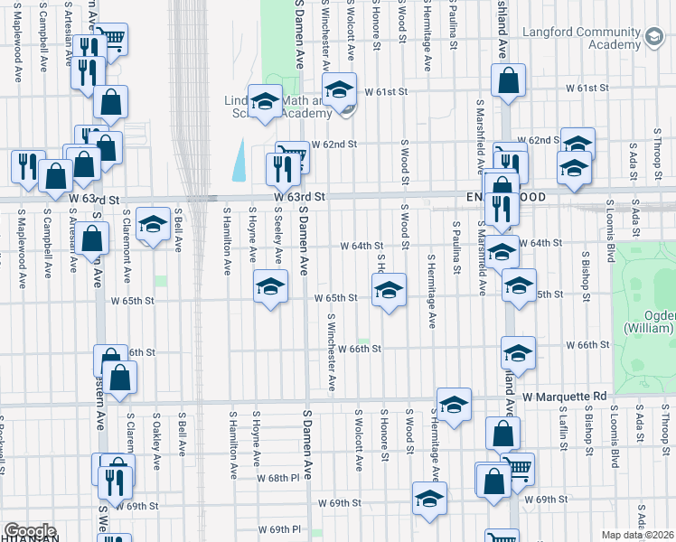 map of restaurants, bars, coffee shops, grocery stores, and more near 6427 South Winchester Avenue in Chicago