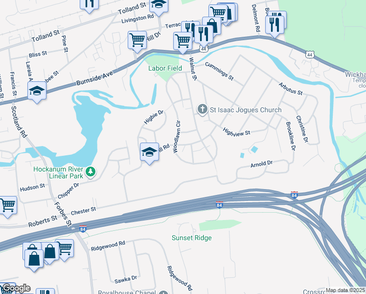map of restaurants, bars, coffee shops, grocery stores, and more near 59 Great Hill Road in East Hartford