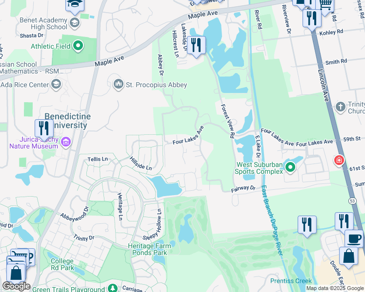 map of restaurants, bars, coffee shops, grocery stores, and more near 5921 Meadow Drive in Lisle