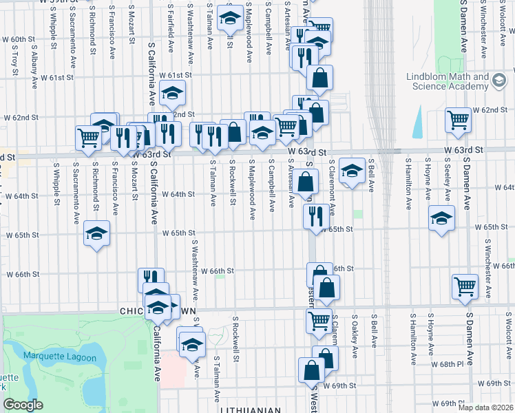 map of restaurants, bars, coffee shops, grocery stores, and more near 6429 South Maplewood Avenue in Chicago