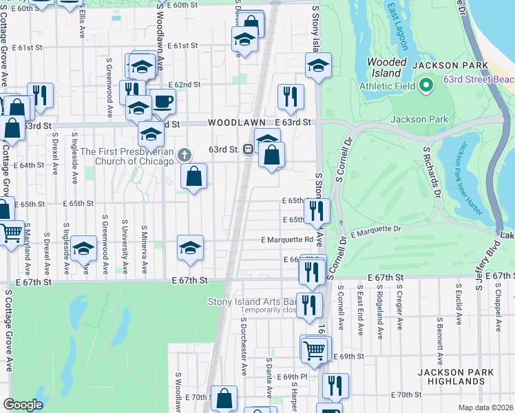 map of restaurants, bars, coffee shops, grocery stores, and more near 1415 East 65th Street in Chicago