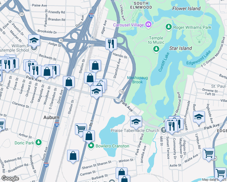 map of restaurants, bars, coffee shops, grocery stores, and more near 150 Stamford Avenue in Providence