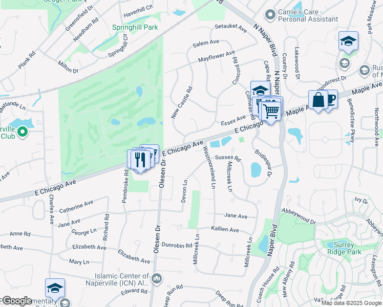 map of restaurants, bars, coffee shops, grocery stores, and more near 1330 East Chicago Avenue in Naperville