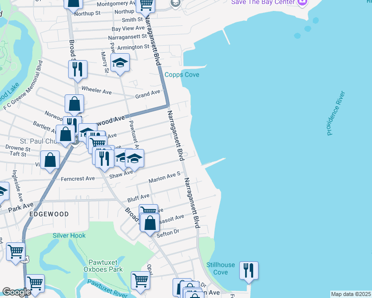 map of restaurants, bars, coffee shops, grocery stores, and more near 1312 Narragansett Boulevard in Cranston