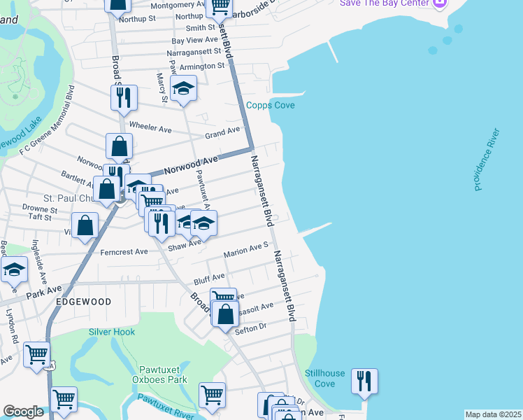 map of restaurants, bars, coffee shops, grocery stores, and more near 52 Columbia Avenue in Cranston
