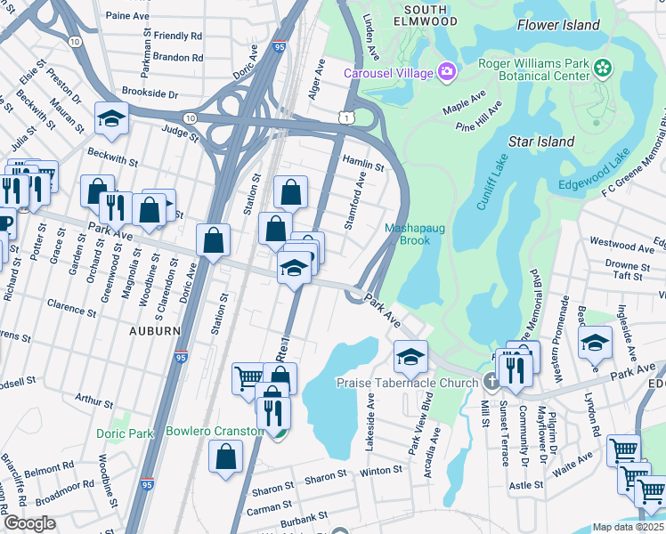 map of restaurants, bars, coffee shops, grocery stores, and more near 150 Stamford Avenue in Providence