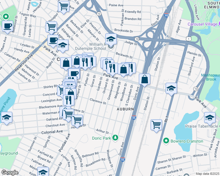 map of restaurants, bars, coffee shops, grocery stores, and more near 130 Auburn Street in Cranston