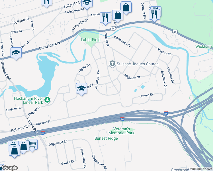 map of restaurants, bars, coffee shops, grocery stores, and more near 116 Cannon Road in East Hartford