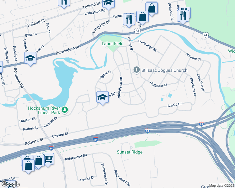 map of restaurants, bars, coffee shops, grocery stores, and more near 83 Great Hill Road in East Hartford