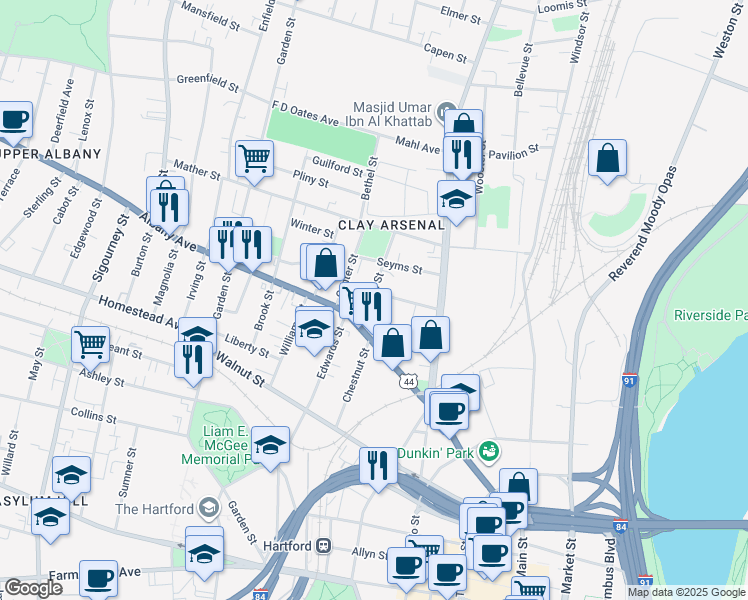 map of restaurants, bars, coffee shops, grocery stores, and more near 22 East Street in Hartford