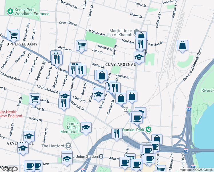 map of restaurants, bars, coffee shops, grocery stores, and more near 258 Albany Avenue in Hartford
