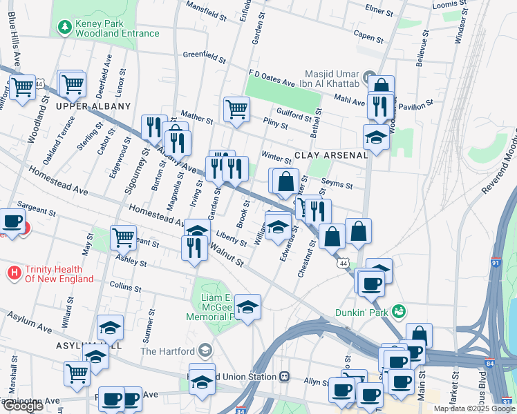 map of restaurants, bars, coffee shops, grocery stores, and more near 99 Williams Street in Hartford