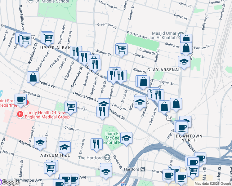 map of restaurants, bars, coffee shops, grocery stores, and more near 29 Bedford Street in Hartford