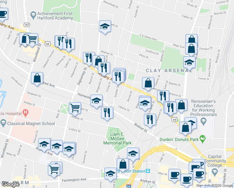 map of restaurants, bars, coffee shops, grocery stores, and more near 29 Bedford Street in Hartford