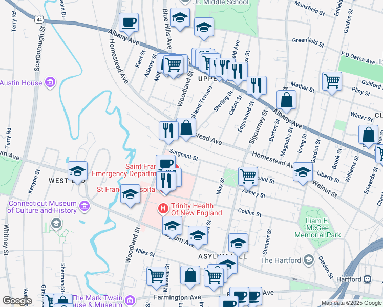 map of restaurants, bars, coffee shops, grocery stores, and more near 264 Sargeant Street in Hartford