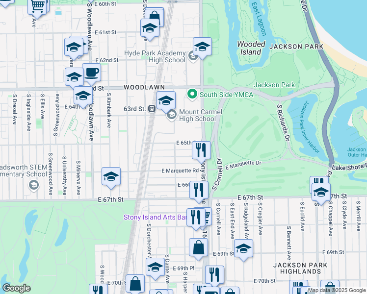 map of restaurants, bars, coffee shops, grocery stores, and more near 1521 East 65th Street in Chicago