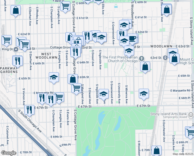 map of restaurants, bars, coffee shops, grocery stores, and more near 6504 South Ellis Avenue in Chicago