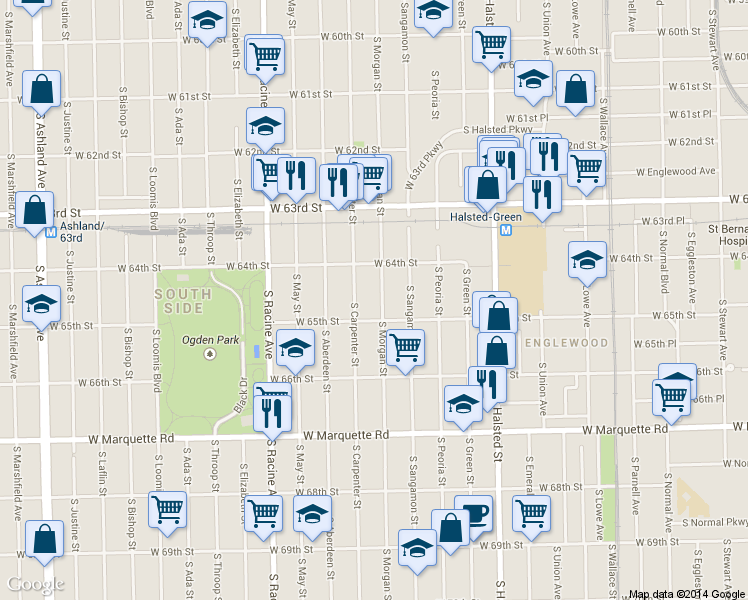 map of restaurants, bars, coffee shops, grocery stores, and more near 6447 South Morgan Street in Chicago