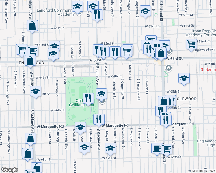 map of restaurants, bars, coffee shops, grocery stores, and more near 6440 South Aberdeen Street in Chicago