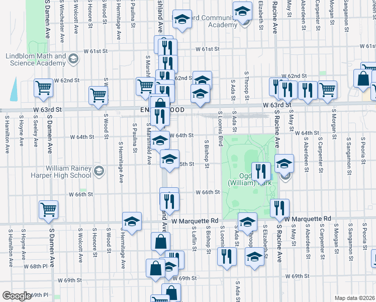 map of restaurants, bars, coffee shops, grocery stores, and more near 6439 South Laflin Street in Chicago