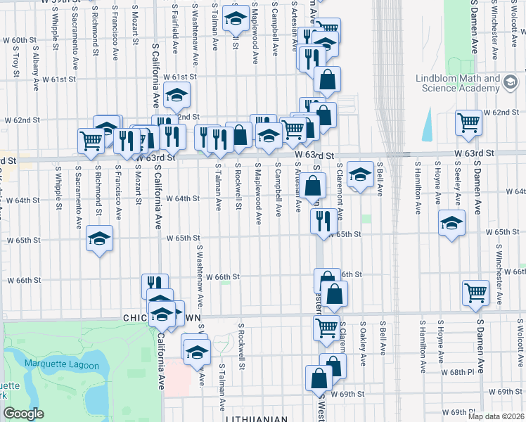 map of restaurants, bars, coffee shops, grocery stores, and more near 6429 South Maplewood Avenue in Chicago