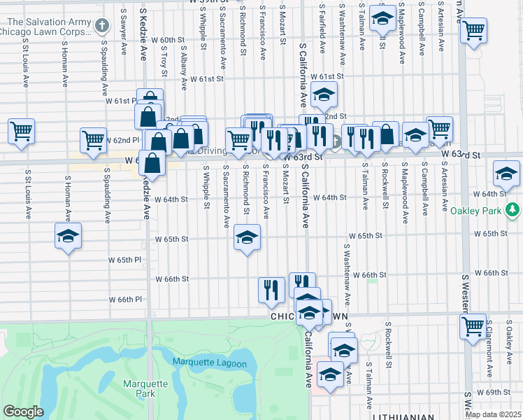 map of restaurants, bars, coffee shops, grocery stores, and more near 6422 South Francisco Avenue in Chicago