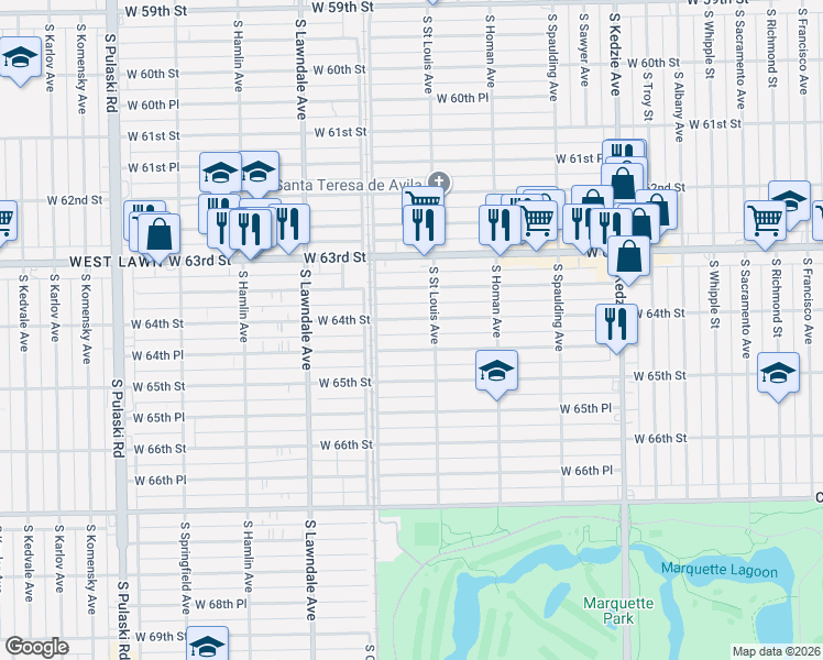 map of restaurants, bars, coffee shops, grocery stores, and more near 3512 West 64th Place in Chicago