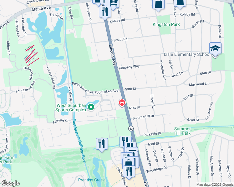 map of restaurants, bars, coffee shops, grocery stores, and more near 6056 Ironwood Lane in Lisle