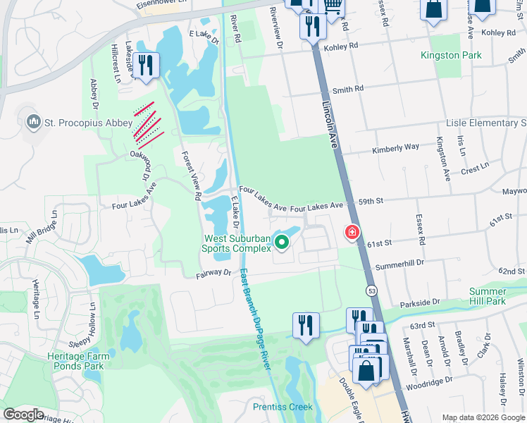 map of restaurants, bars, coffee shops, grocery stores, and more near 1252 Lake Shore Drive in Lisle