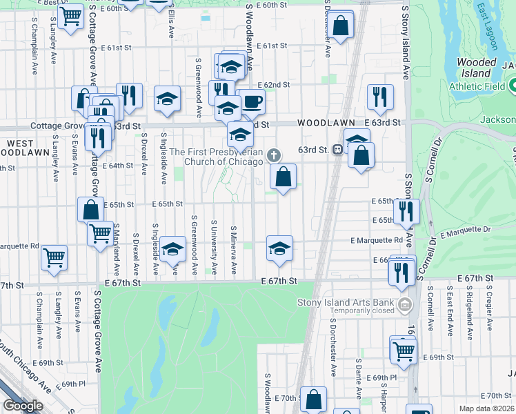 map of restaurants, bars, coffee shops, grocery stores, and more near 6503 South Woodlawn Avenue in Chicago