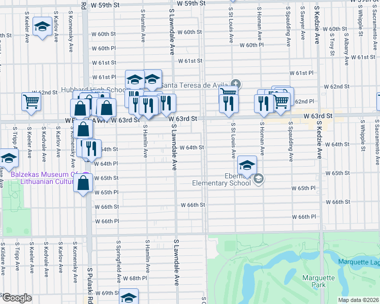 map of restaurants, bars, coffee shops, grocery stores, and more near 3625 West 64th Street in Chicago