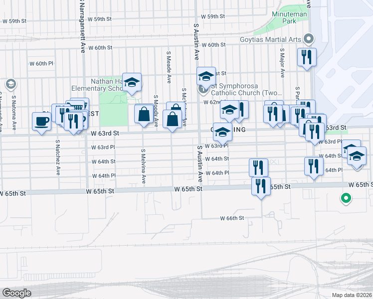 map of restaurants, bars, coffee shops, grocery stores, and more near 6027 West 63rd Place in Chicago