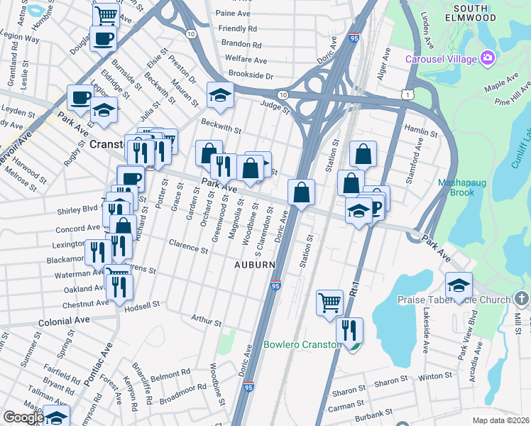 map of restaurants, bars, coffee shops, grocery stores, and more near 156 Woodbine Street in Cranston