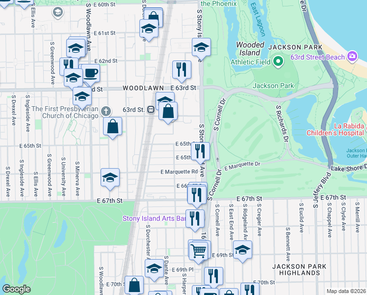 map of restaurants, bars, coffee shops, grocery stores, and more near 1521 East 65th Street in Chicago