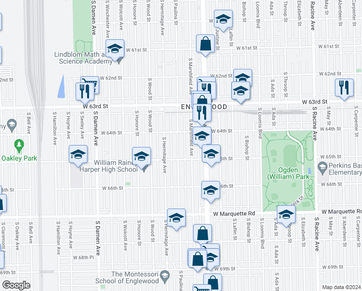 map of restaurants, bars, coffee shops, grocery stores, and more near 6429 South Paulina Street in Chicago