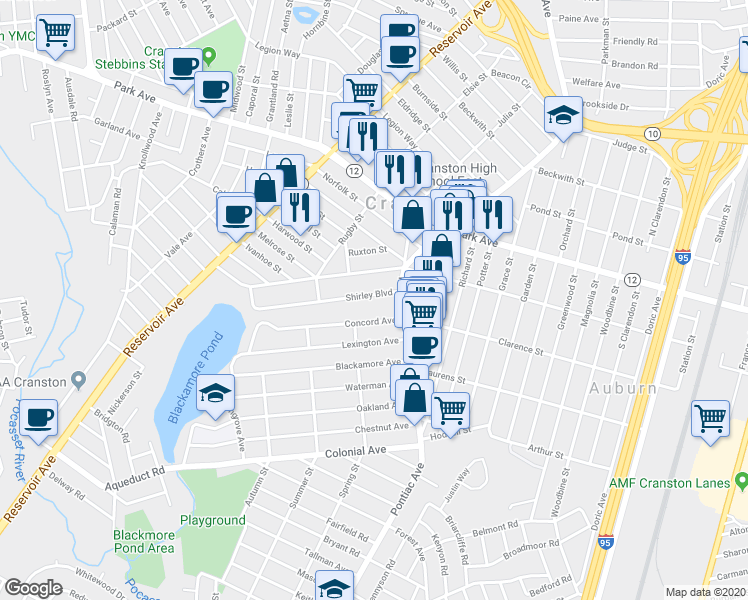 map of restaurants, bars, coffee shops, grocery stores, and more near 28 Shirley Blvd in Cranston